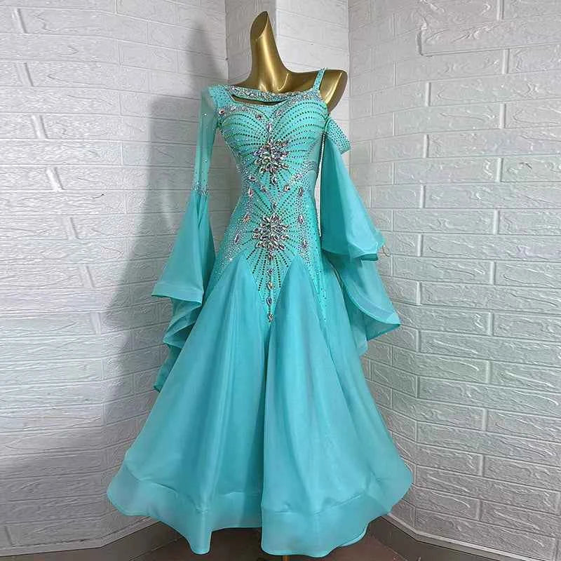 Custom Size Women's Blue Ballroom Dance Dress Competition Waltz Long Skirt