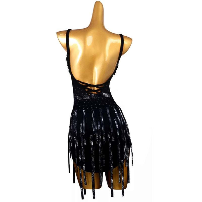 Black Fringe Rhinestones Competition Latin Dance Dresses for Women Girls Professional Salsa Rumba Chacha Latin Performance Clothes for Female - Moderndancedress.com