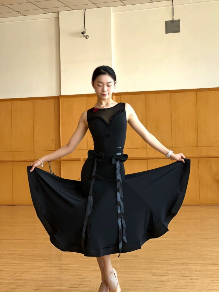 Women Girls Black Red White Ballroom Tango Waltz Dance Dresses Ruffles Sleeveless Lace Jumpsuit Flower Bow Modern Skirt Art Test Performance Costumes - Moderndancedress.com