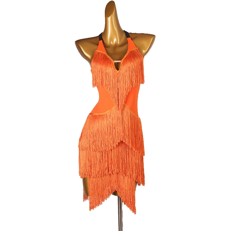 Orange Dark Green Navy Blue Latin Dance Competition Dresses for Women Girls Salsa Rumba Chacha Performance Costumes Halter Neck - Moderndancedress.com