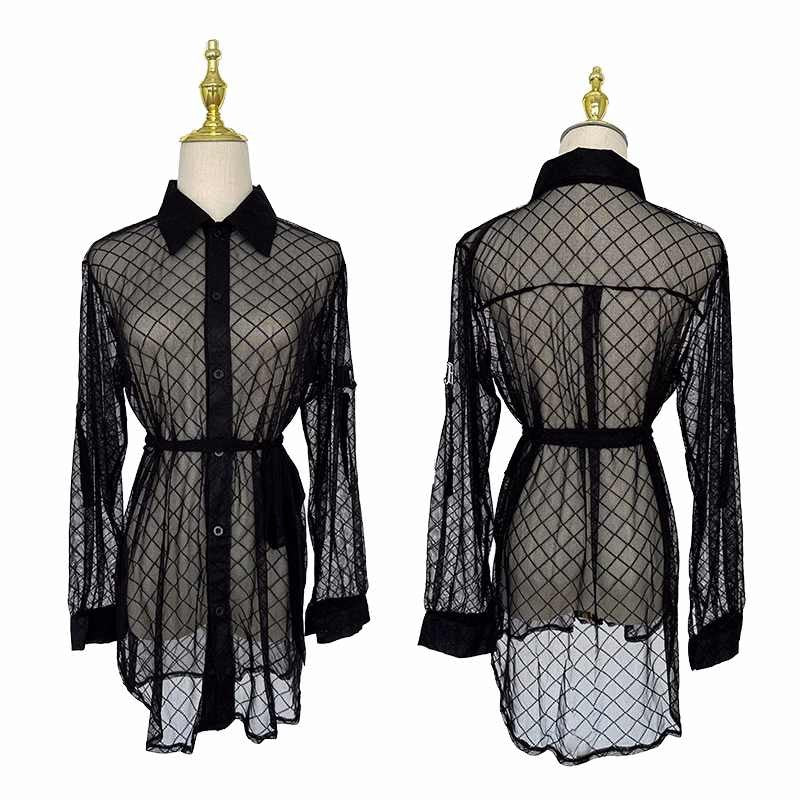 Black mesh Latin ballroom dance for female woman salsa rumba dance Rhombic mesh top long-sleeved practice blouses uniform one size - Moderndancedress.com