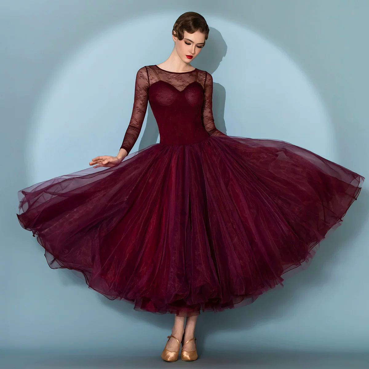 Women Burgundy Ballroom Dance Dress with Sheer Lace Sleeves Waltz Foxtrot Dance Gown
