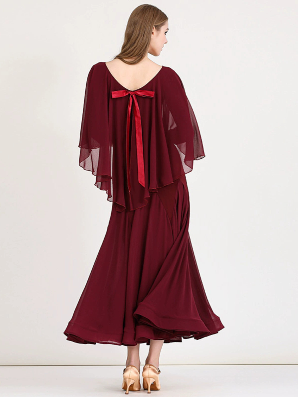 Burgundy Modern Flowy Ruffles Sleeves Ballroom Dance Dress for Women Girls National Foxtrot Smooth Tango Waltz Dance Long Gown - Moderndancedress.com