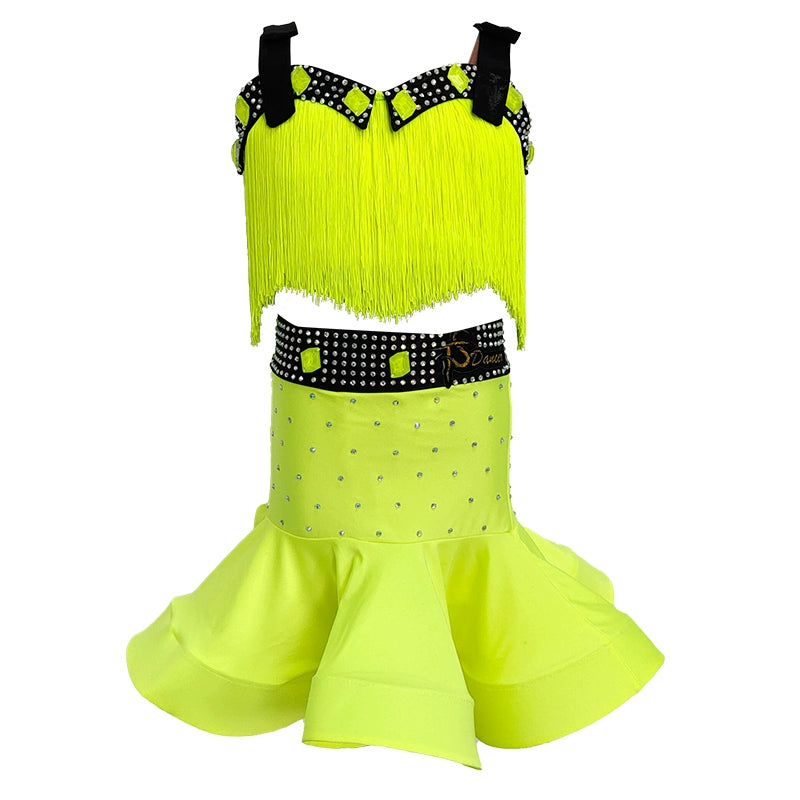Professional Neon Yellow Pink Fringe Latin Dance Competition Dresses for Girls Kids Bling Diamond Samba Salsa Rumba Chacha Performance Costumes - Moderndancedress.com