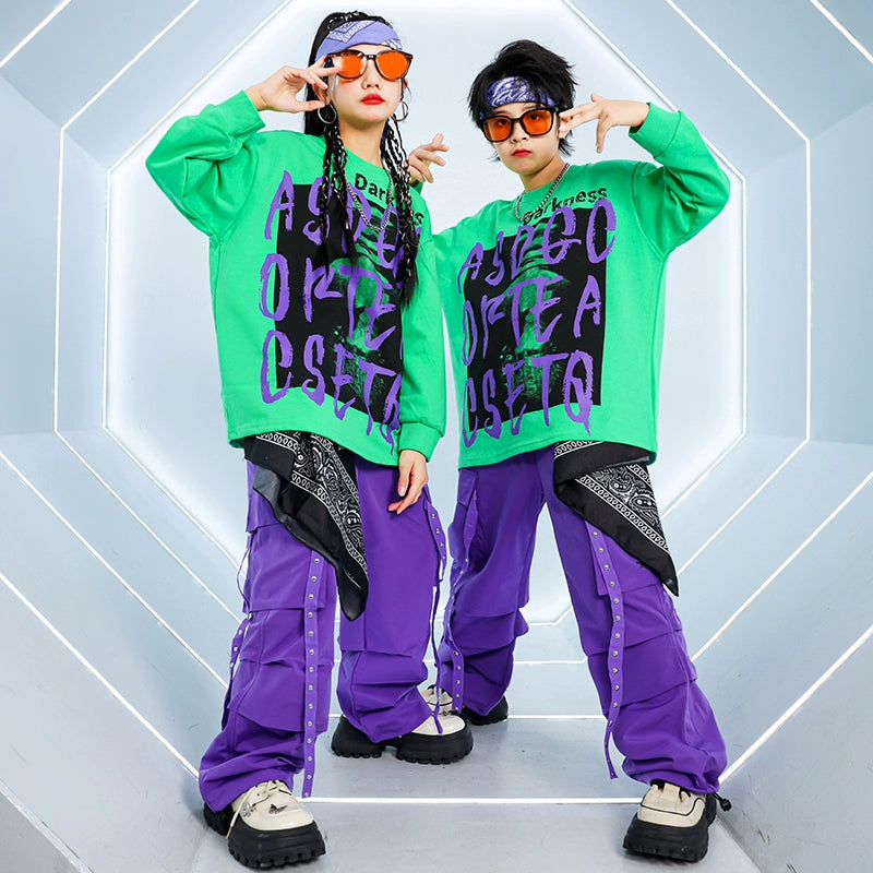 Children's Purple Green Hip-hop Jazz Dance Street Costumes for Girls Boys Rapper Singers Gogo Dancers Dance Clothing Party Model Show Outfits - Moderndancedress.com