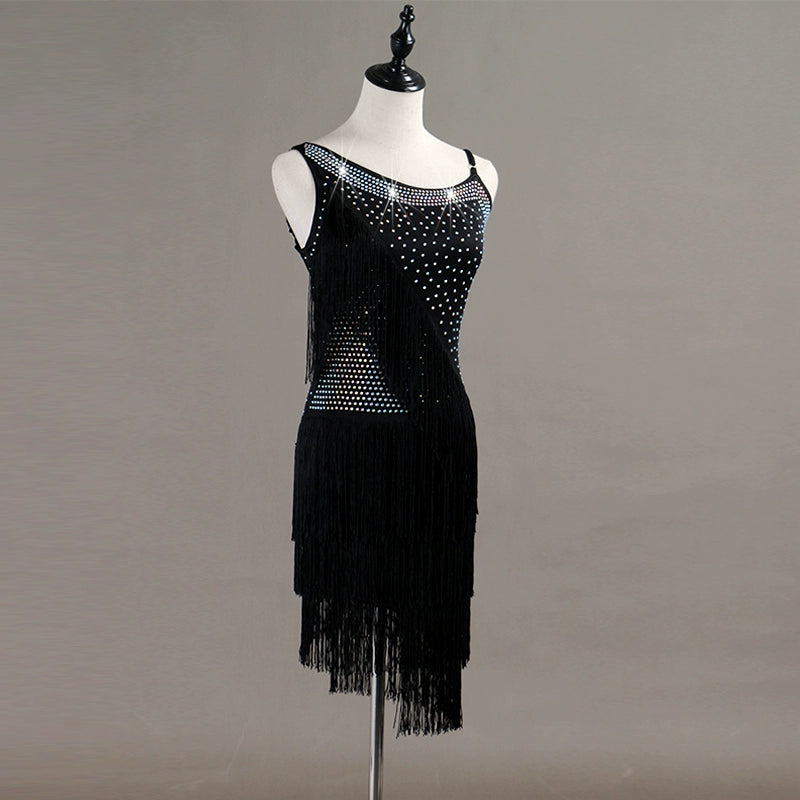 Latin Dance Dresses Mesh Long Sleeve Dance  Performing Dresses Rhinestones Long Sleev Dress - Moderndancedress.com