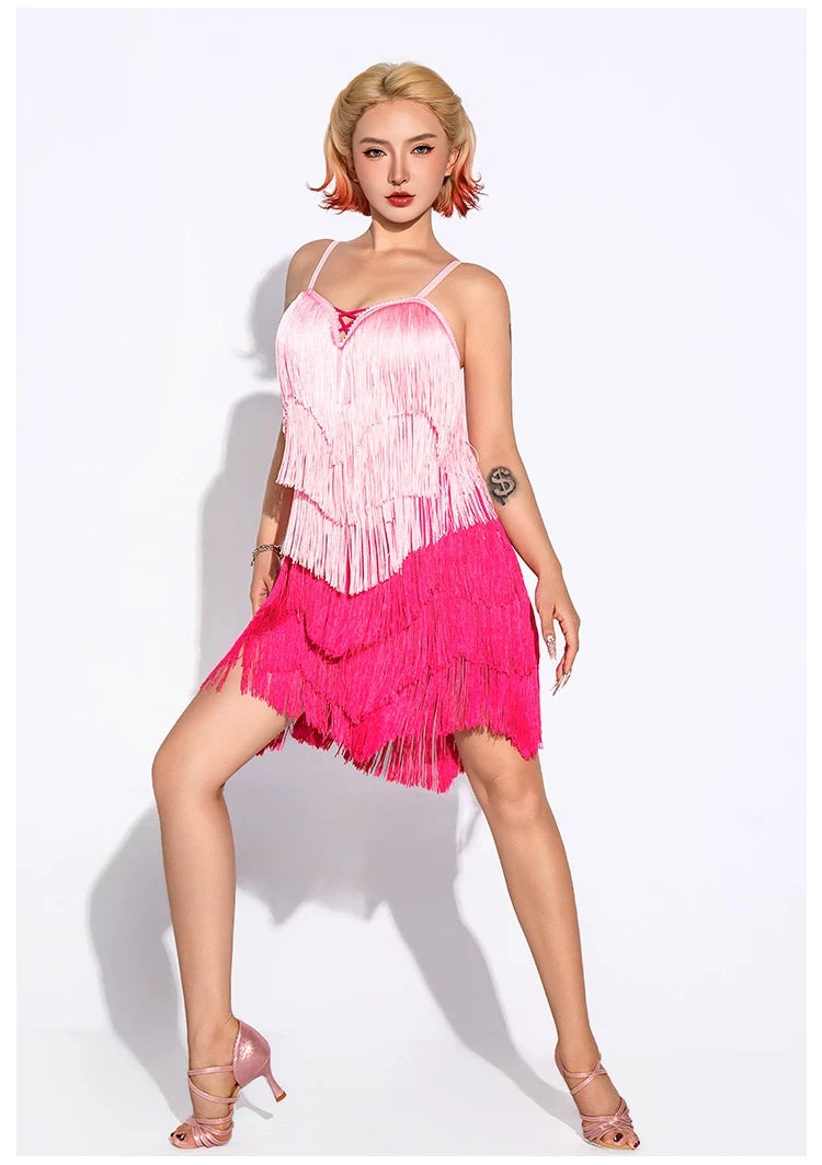 Women's Pink Latin Dress Two-color Fringed Suspender Ballroom Salsa Costume