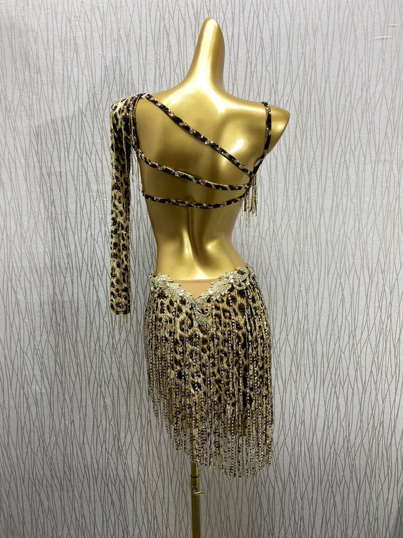 Custom Size Leopard Bling Latin Dance Dress Fringe Salsa Chacha Blackpool Competition Clothing