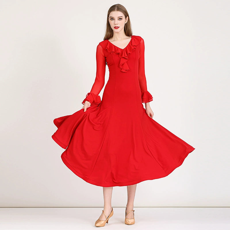 Red modern ballroom dance dress for women girls black waltz national standard tango foxtrot smooth dance costume - Moderndancedress.com