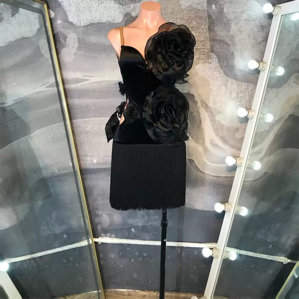 Custom Black Velvet Latin Dance Dress with Fringe & 3D Flowers | Salsa Ballroom Outfit