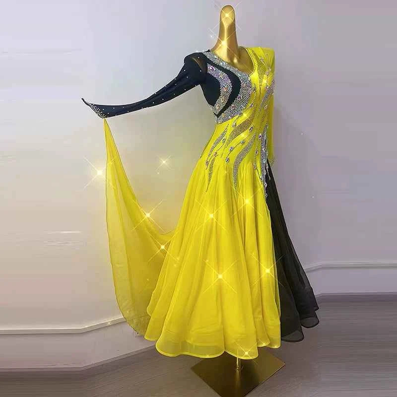 Custom Size Women's Competition Ballroom Dance Dresses Black Yellow Rhinestones Waltz Tango Gown
