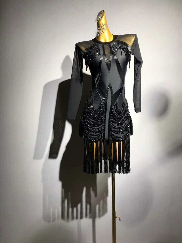Custom Competition Black Latin Dance Dress Geometric Mesh & Rhinestone Fringe Costume