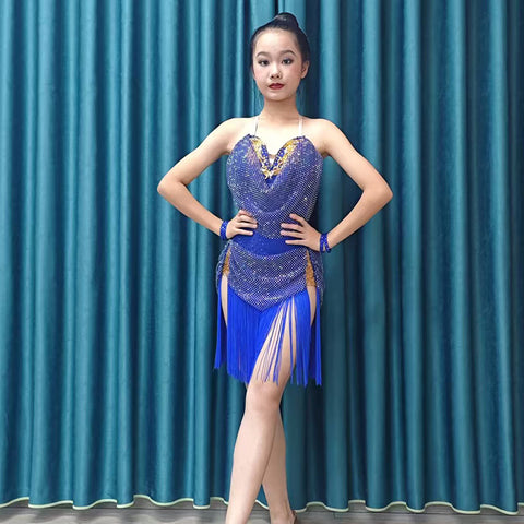 Custom Size Royal Blue Fringe Latin Dance Dresses for Women Girls Salsa Rumba Chacha Latin Costume