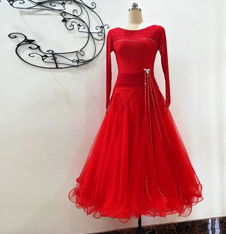 Custom Size Dark Green Red Pink Competition Ballroom Dance Dresses for Women Girls Kids National Waltz Tango Sparkling Dancing Long Gown - Moderndancedress.com