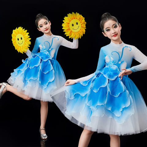 Children's pink green Petals modern dance dresses chorus performance girls tutu skirts school church choir competition outfits - Moderndancedress.com