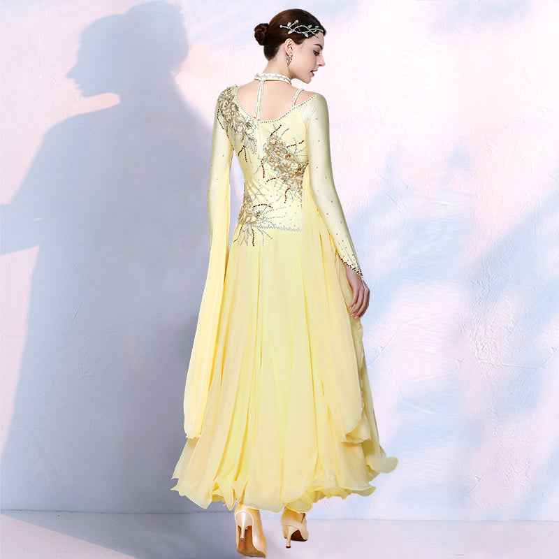 Light Yellow Ballroom Dance Dresses for Women Girls Waltz Tango Foxtrot National Dancing Gown