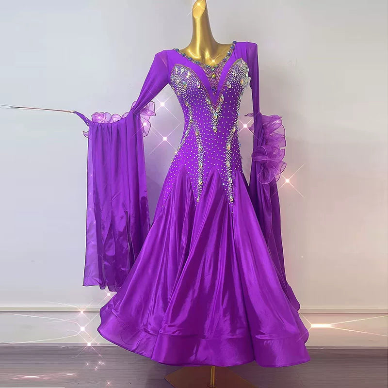 Custom Purple Ballroom Dance Competition Dress with Crystals Waltz Smooth Dance Gown