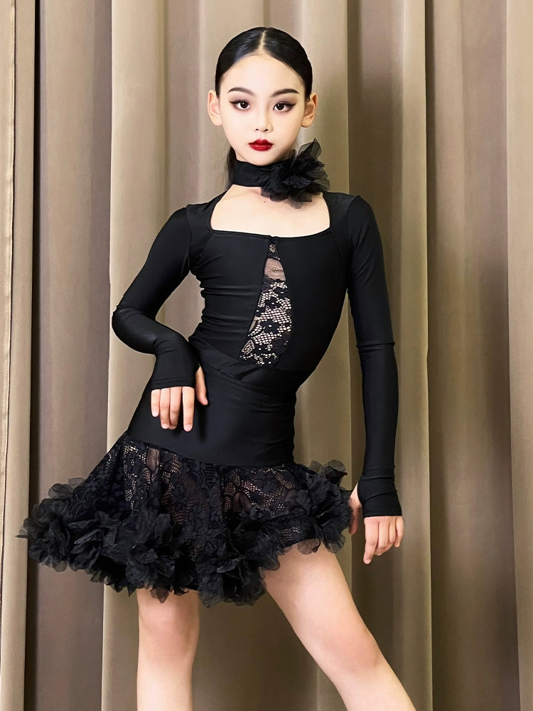 Girls Black lace rose flower Latin dance dresses for kids children girls ballroom salsa rumba chacha performance suit - Moderndancedress.com