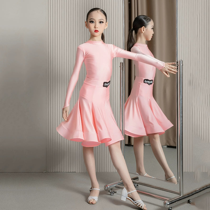 Children's pink Latin dance dresses ballroom dance skirts Juvenile ballroom latin salsa practice text dancing suit  for girls - Moderndancedress.com