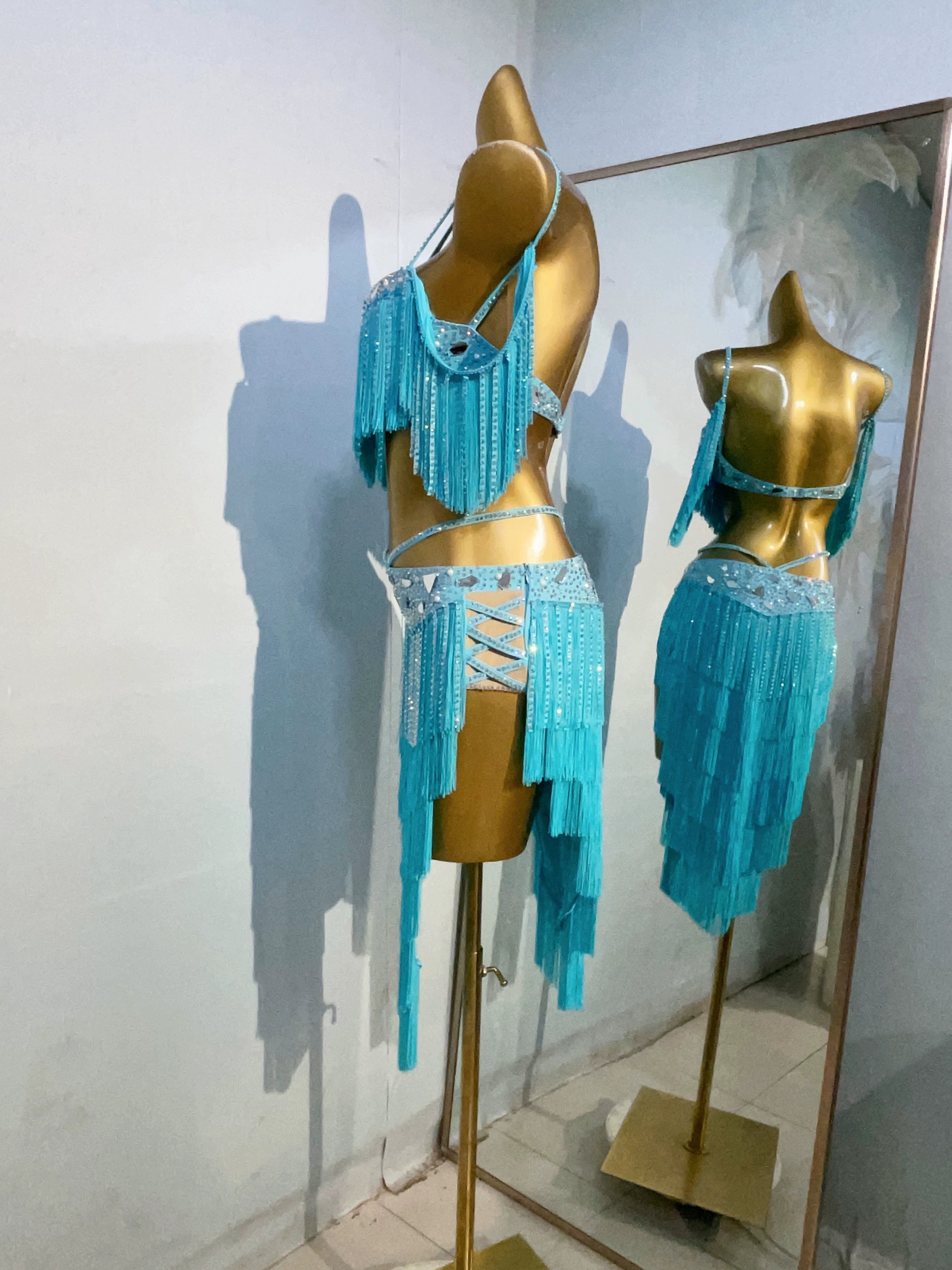 Custom Size Competition Blue Coffee Latin Dance Dresses Fringe Belly Dance Clothing for Women Girls - Moderndancedress.com