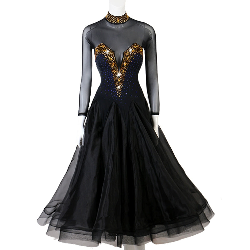 Turtleneck Gold Red Black Rhinestones Competition Ballroom Dance Dress for Women Girls Blue Green Waltz Tango Rhythm Performance Gown