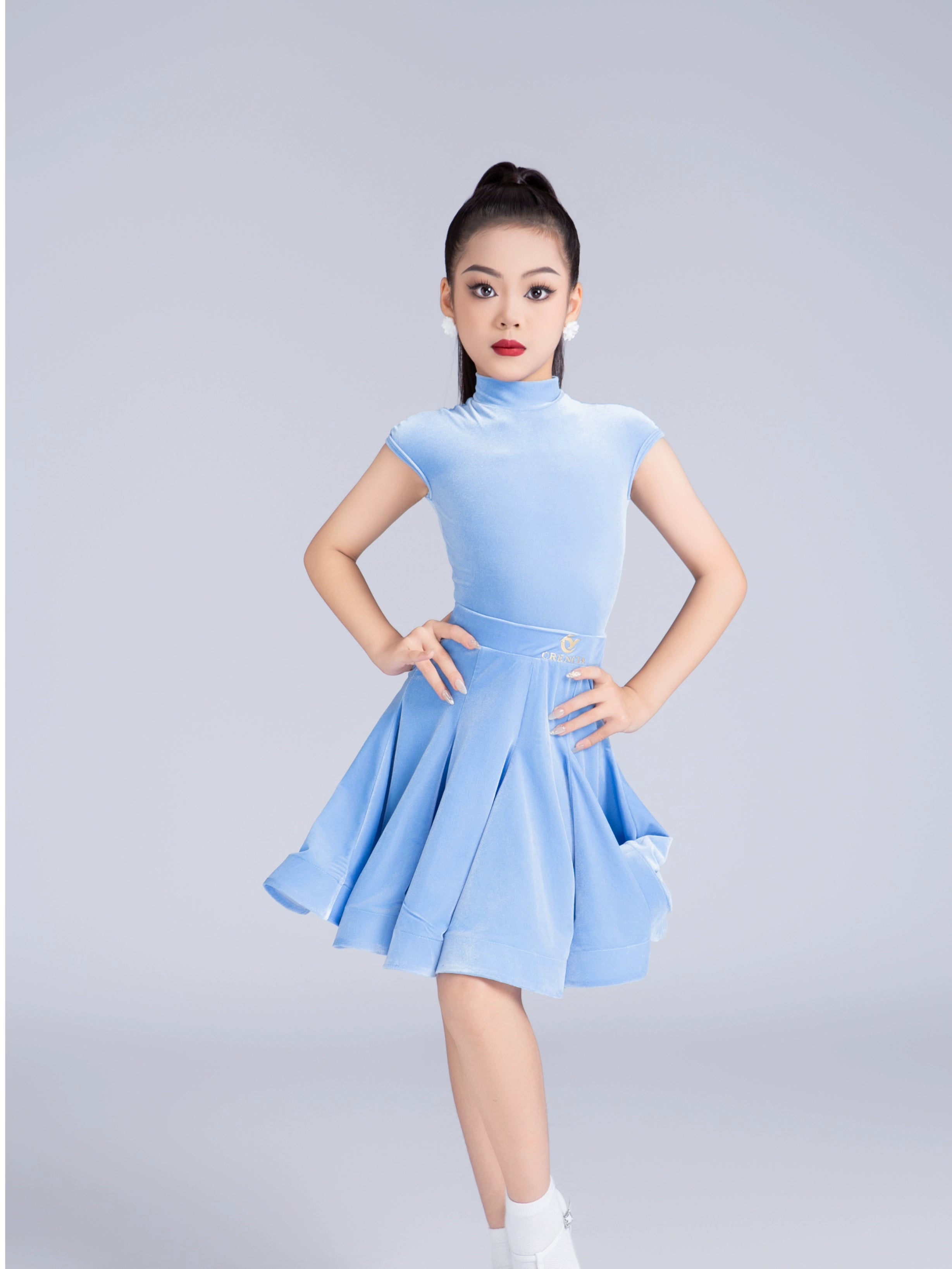 Girls' Blue red velvet latin ballroom dance dresses kids modern dance professional competition clothes for Children - Moderndancedress.com