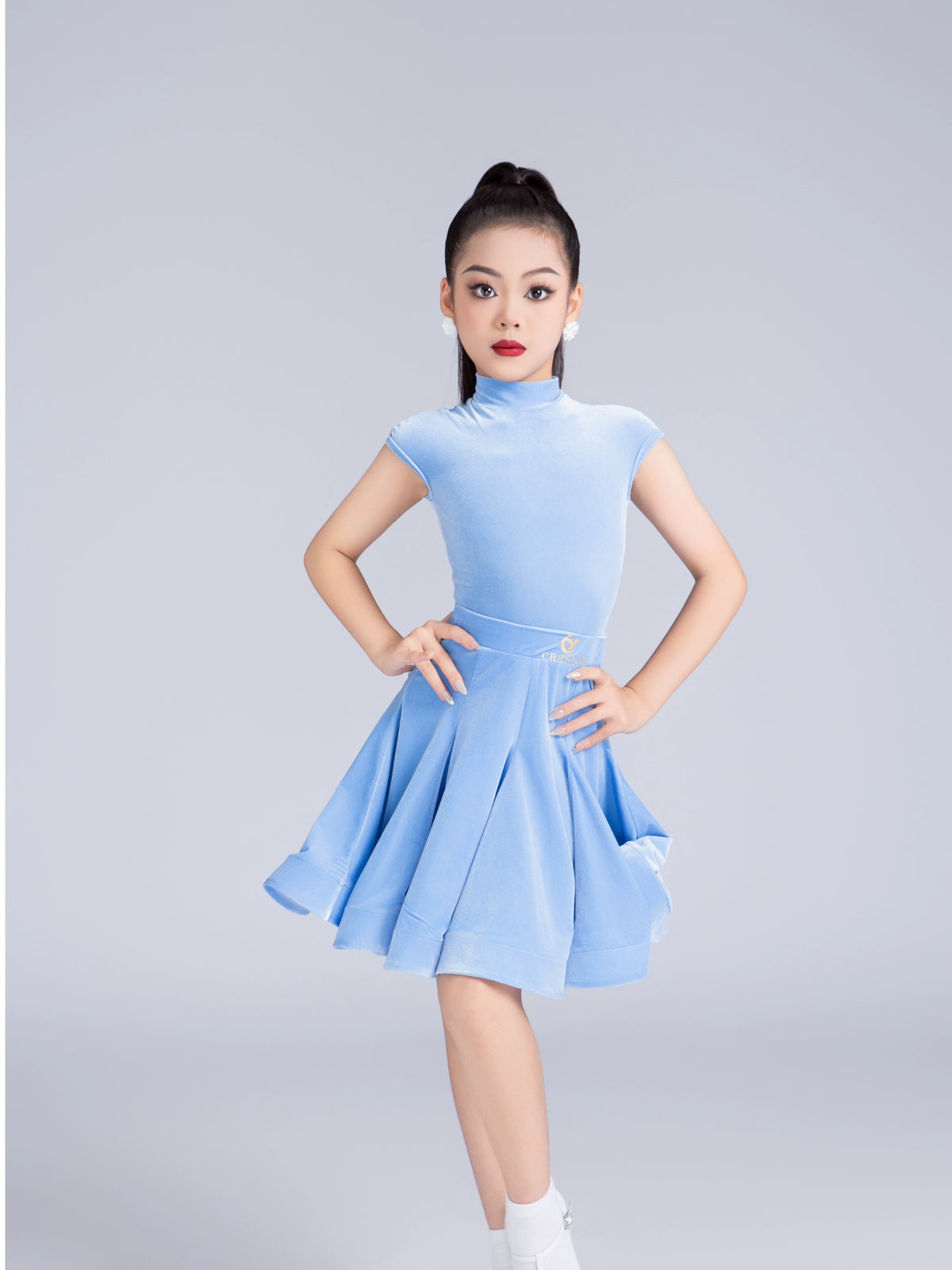 Girls' Blue red velvet latin ballroom dance dresses kids modern dance professional competition clothes for Children - Moderndancedress.com