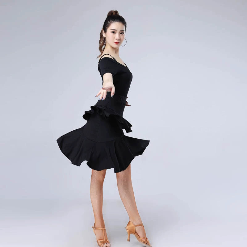 Latin dancer's adult half-length skirt, kungfu, dance costume, double-decked lotus-leaf fringed dress - Moderndancedress.com