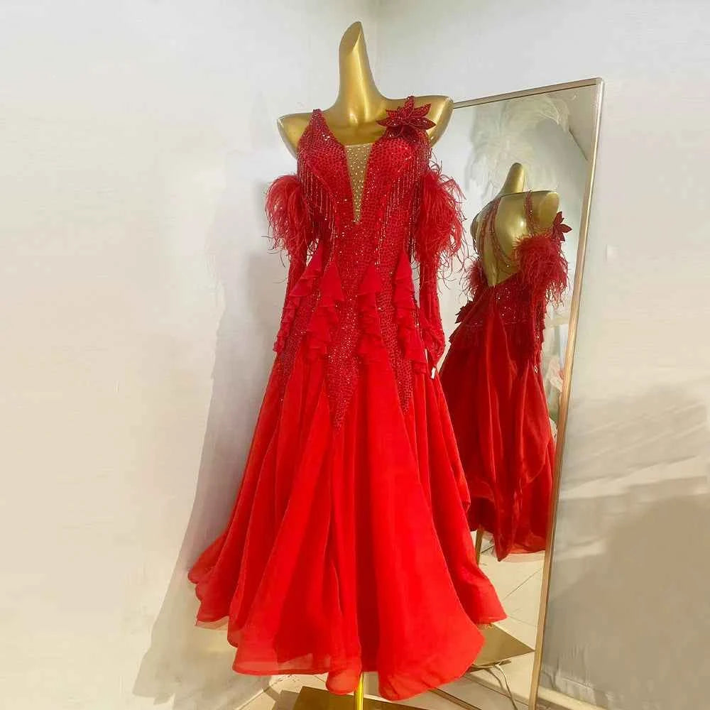Custom Size Competition Ballroom Dance Dresses for Women Girls Navy Red Waltz Tango Flamenco Dancing Costumes