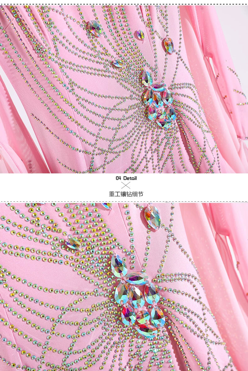 Custom size pink gemstones competition ballroom dance dresses for women girls kids Modern waltz tango foxtrot smooth rhythm performance gown - Moderndancedress.com