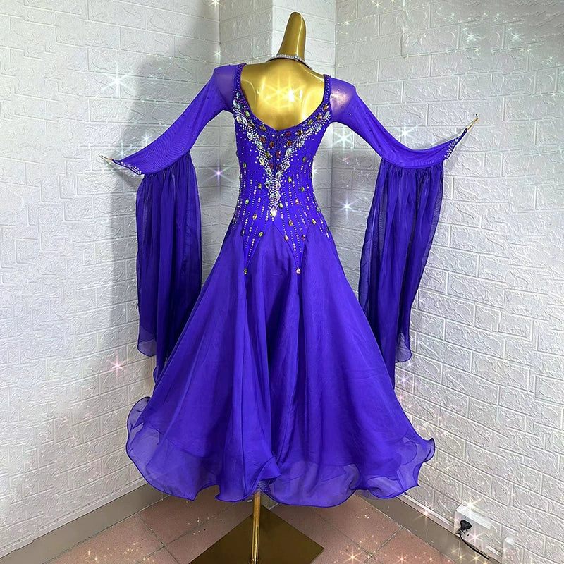 Customized Size Violet Competition Ballroom Dance Dresses for Women Girls Waltz Tango Rhythm National Dance Long Gown - Moderndancedress.com