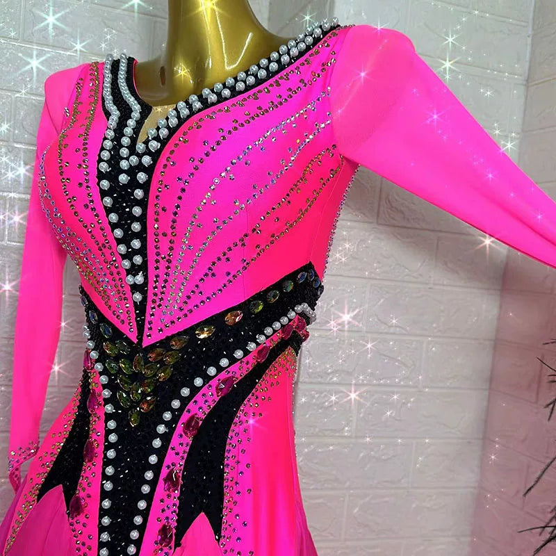 Customized  Size Hot Pink Cystal Ballroom Dance Dress Competition Smooth Waltz Dance Gown with Feather Float