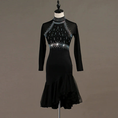 Latin Dance Dresses professional high-end drill-inlaid Rumba three-step performance clothes Rhinestones Long Sleev Dress