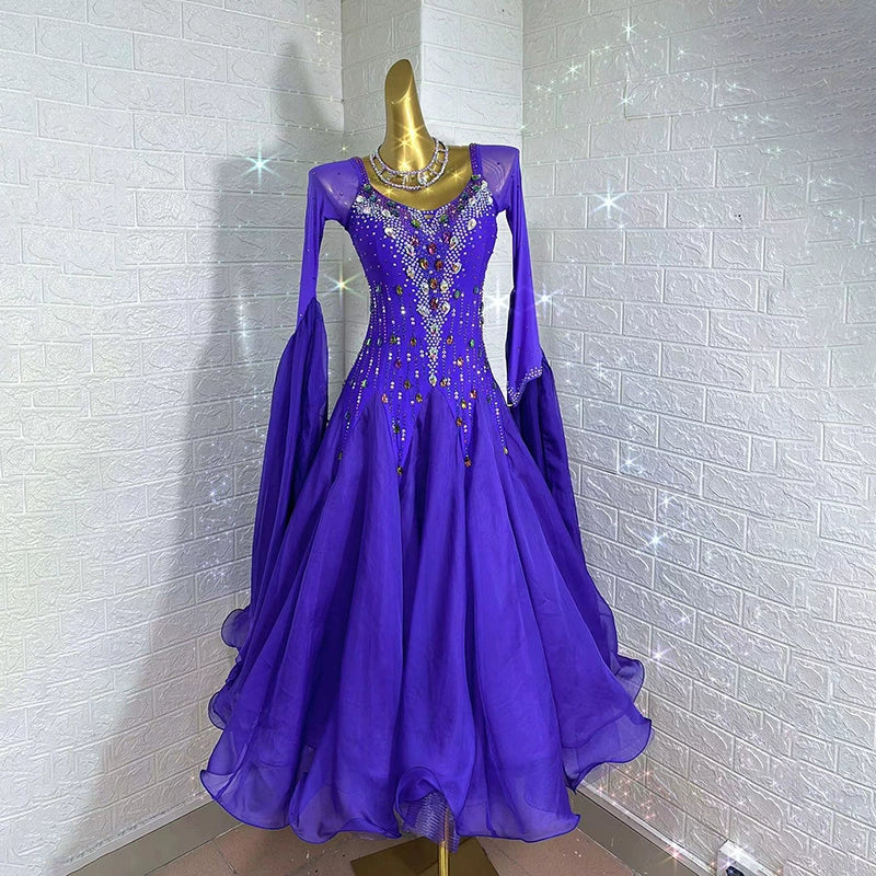 Customized Size Violet Competition Ballroom Dance Dresses for Women Girls Waltz Tango Rhythm National Dance Long Gown - Moderndancedress.com