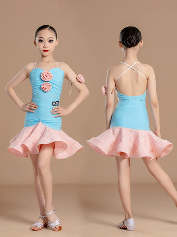 Pink blue flowers Latin dance dresses for girls kids ballroom salsa rumba chacha  split Latin training clothes for children - Moderndancedress.com