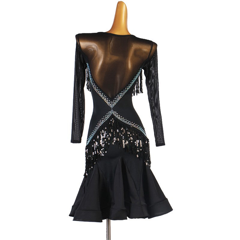 Black red tassel diamond Latin dance dress for women stage performance competition latin suit professional rumba chacha jitba dance skirt - Moderndancedress.com
