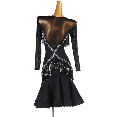 Black red tassel diamond Latin dance dress for women stage performance competition latin suit professional rumba chacha jitba dance skirt - Moderndancedress.com
