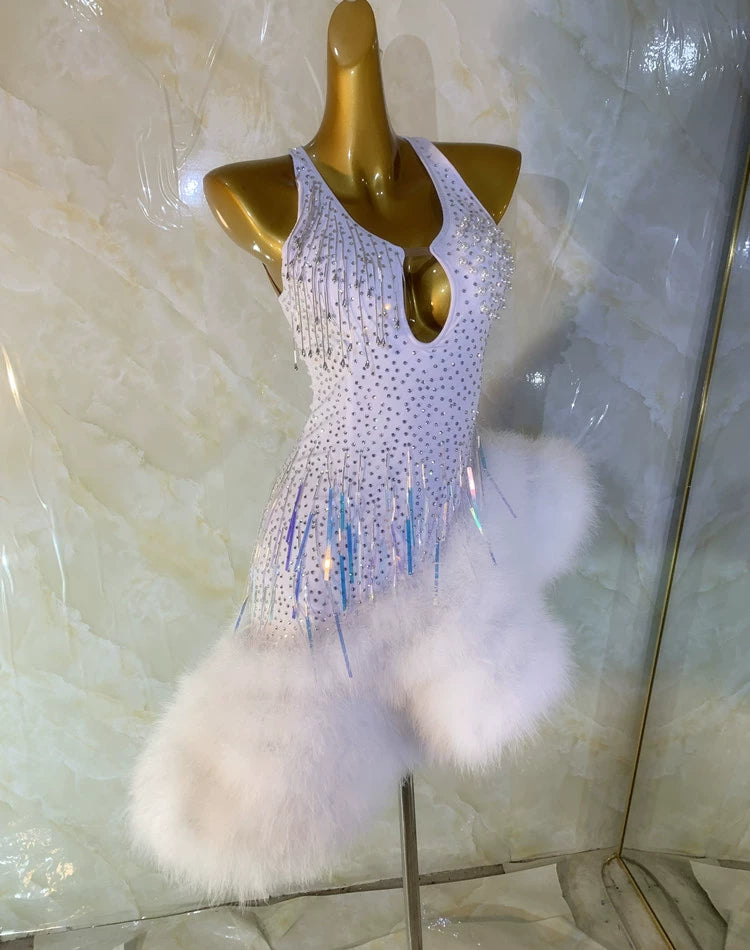 Customized size white Latin dance competition dresses for girls women bling tassesl feather professional salsa latin performance wear - Moderndancedress.com