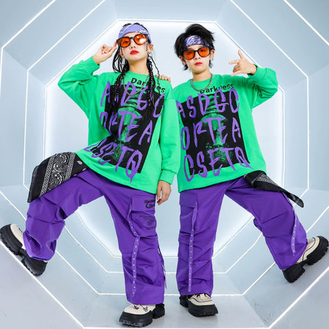 Children's Purple Green Hip-hop Jazz Dance Street Costumes for Girls Boys Rapper Singers Gogo Dancers Dance Clothing Party Model Show Outfits - Moderndancedress.com