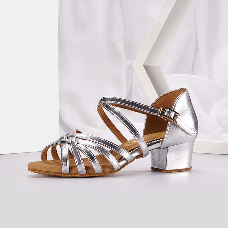 Silver Kids Latin Dance Shoes - Low Block Heel