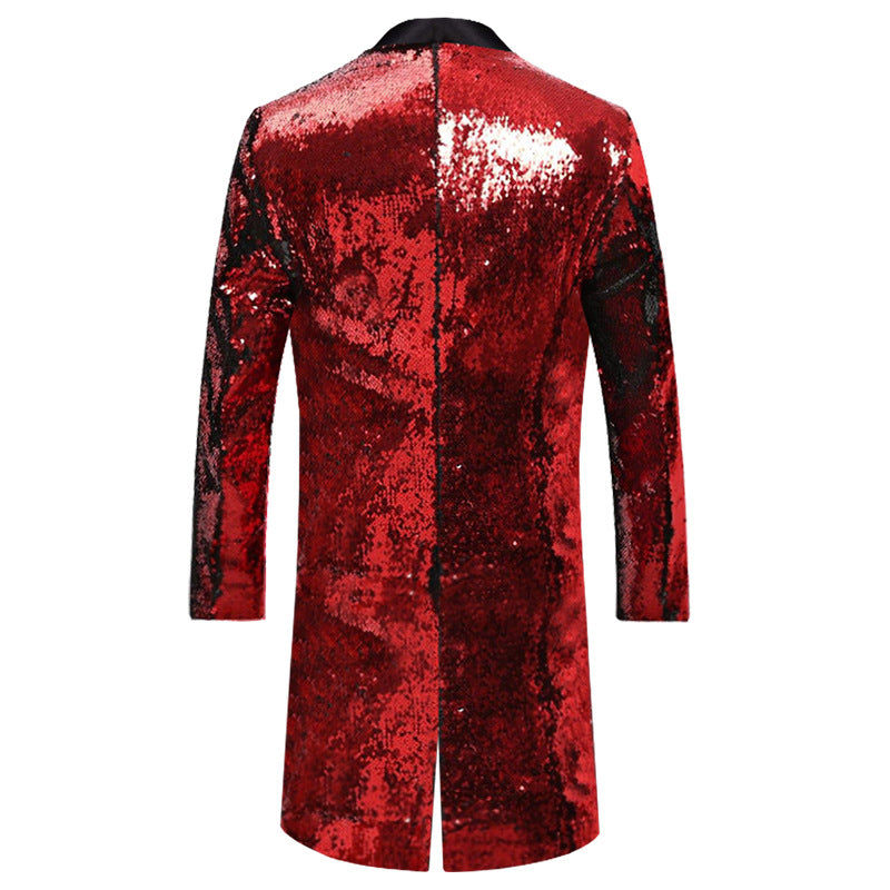 Men's Jazz Dance Costumes Turquoise Green Gold Two-color Sequined Host Singer Emcee Performance Long Coat for Male - Moderndancedress.com