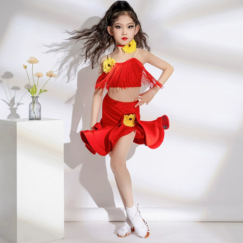 Girls red blue fringe Latin dance competition solo dance costumes modern dance competition clothes for kids - Moderndancedress.com