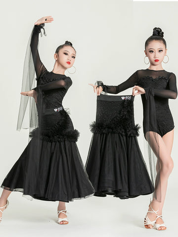Modern ballroom dance dresses for girls kids black lace flowy children's waltz tango dance big swing skirt  competition suit - Moderndancedress.com