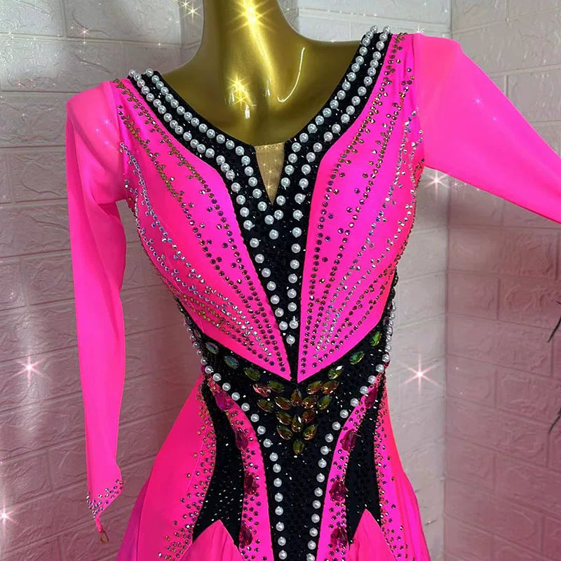 Customized  Size Hot Pink Cystal Ballroom Dance Dress Competition Smooth Waltz Dance Gown with Feather Float