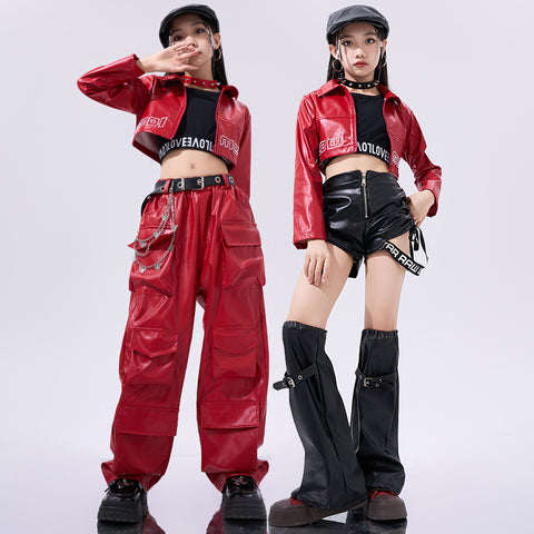 Girls Hiphop Dance Costumes for Kids Children Red Pu Leather Punk Rock Jazz Dance Wear Model Show Street Catwalk Dance Outfits