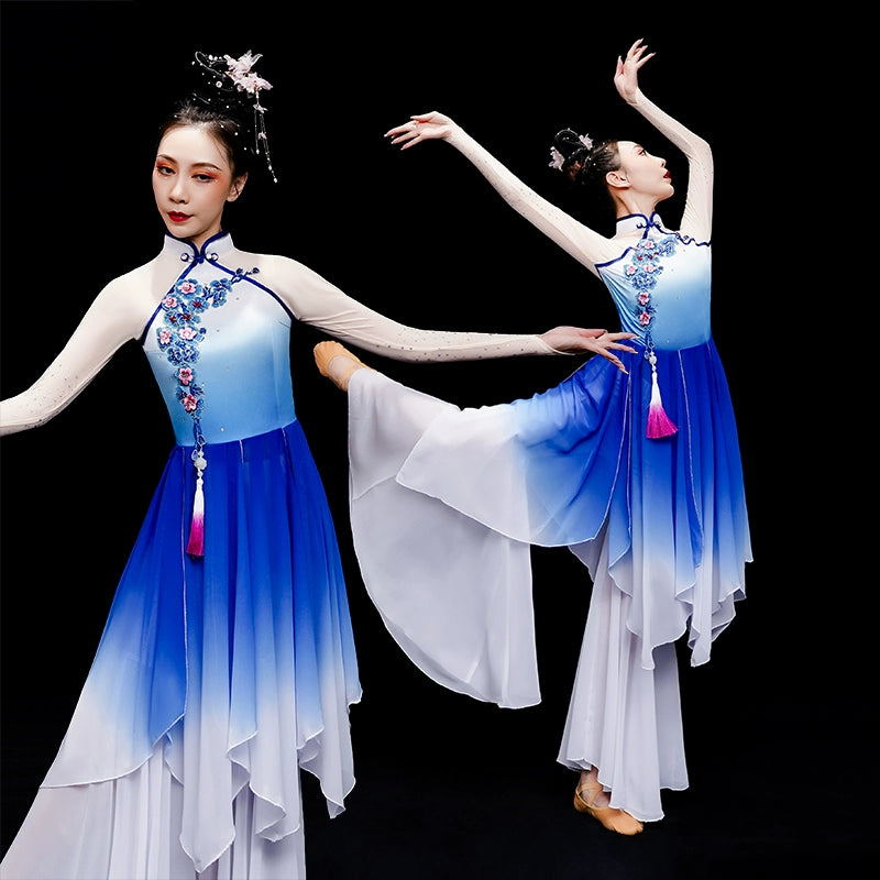 Chinese folk Classical Dance Costume for women girls Elegant  Blue fan umbrella Yangge Dance Costume Solo Dance wear hanfu - Moderndancedress.com