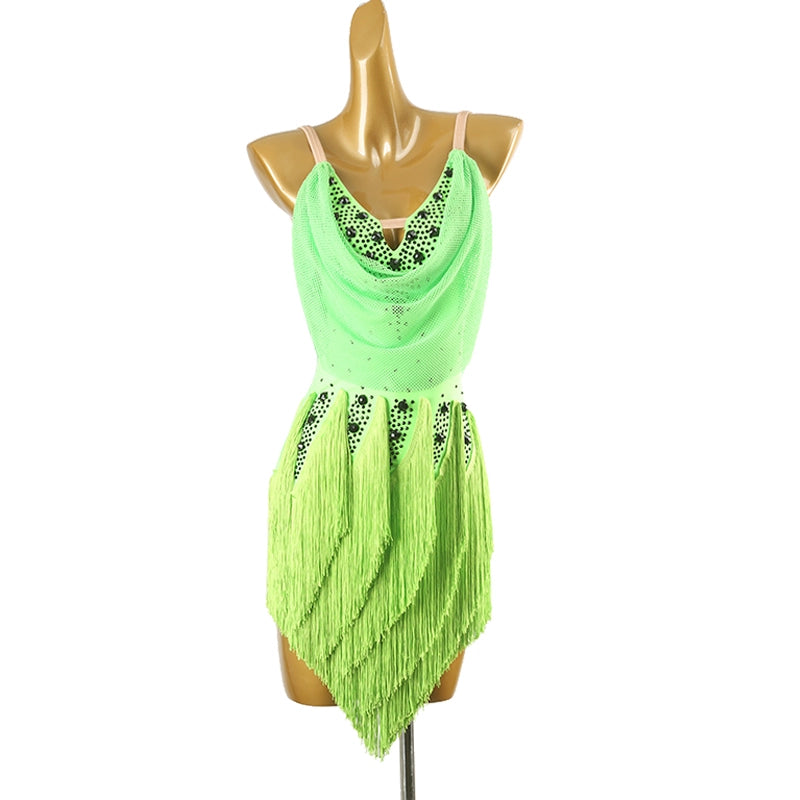 Girls women green fringe Latin dance competition regulation dress gradient gemstones rumba chacha salsa dance costumes - Moderndancedress.com