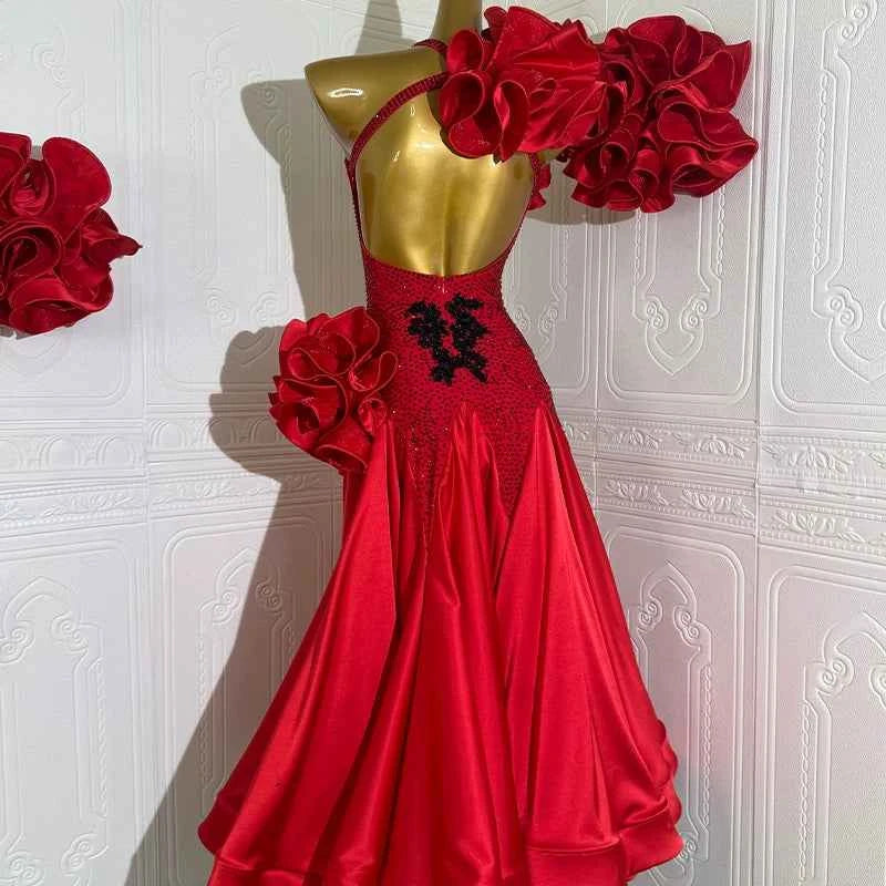 Custom Size Competition Ballroom Dance Dresses for Women Girls Waltz Tango Performance Long Gown with Hand Flowers