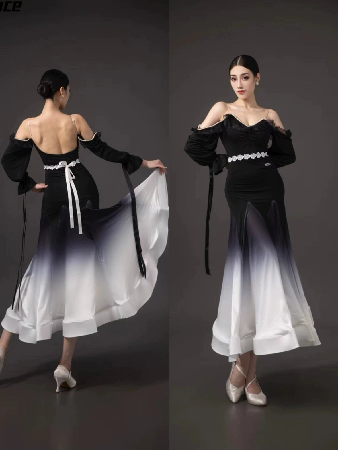 Black White Gradient Off Shoulder Ballroom Dance Dresses for Women Girls Waltz Tango Rhythm Fishbone Skirt - Moderndancedress.com