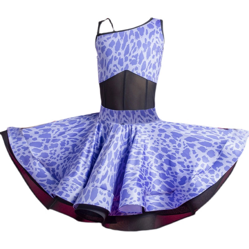 Latin Dance Dress for Girls Slant Neck Blue Purple Leopard Print Salsa Chacha Rumba Performance Costumes Split Set Party Dancing Outfits for Kids - Moderndancedress.com
